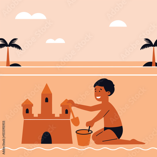 Child building a sandcastle at the beach during summer vacation illustration