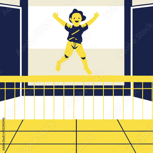 Cheerful person jumping on stage in simple flat design illustration