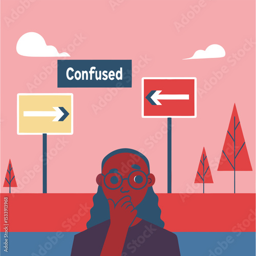 Confused person in front of conflicting signs decision making concept illustration