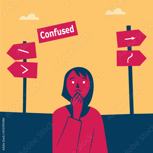 Confused woman facing a crossroads choosing between different directions flat vector illustration
