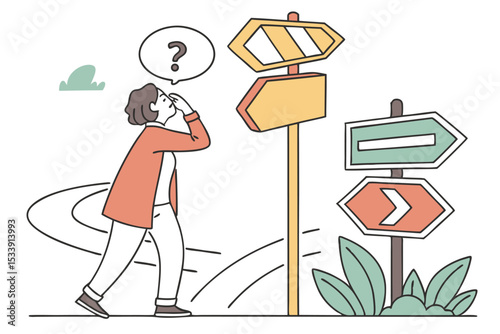 Confused woman looking at directional road signs making choices about direction