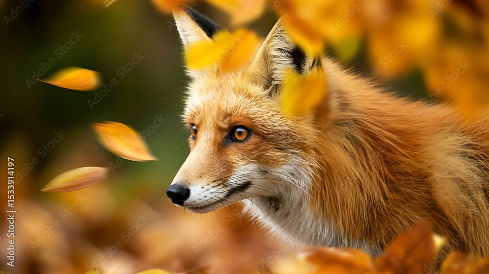 Fototapeta premium An enchanting fox peers from autumn leaves her amber eyes reflecting the golden season with soft