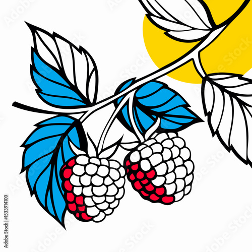 Fresh Raspberries on Branch, Colorful Illustration
