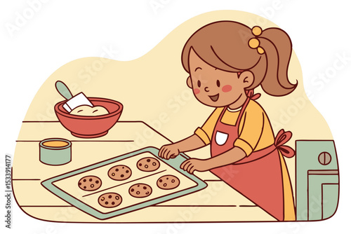 Girl baking cookies in kitchen cute cartoon illustration for kids