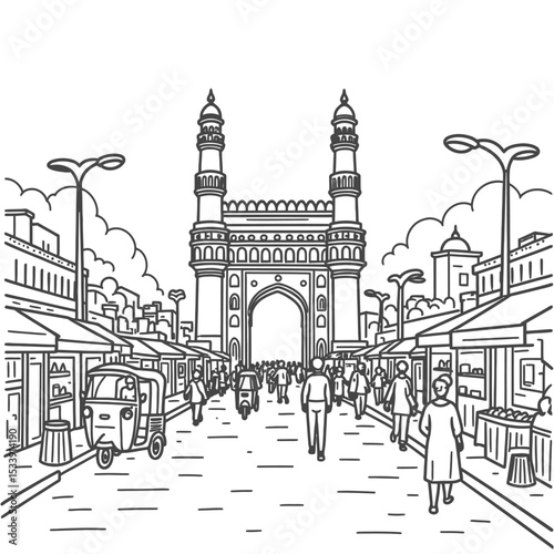 Line art illustration of Charminar viewed from street level with surrounding market scene, small shops, people silhouettes, rickshaws, streetlights, distant view of entire monument