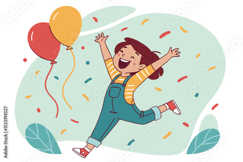 Joyful girl jumping with balloons amidst confetti celebration vector illustration