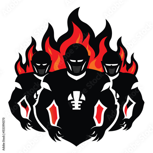 Three Armored Figures Surrounded by Flames, Isolated on a White Background, Logo