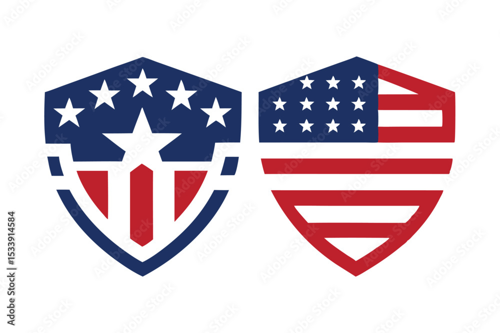 Fototapeta premium Two shield logos featuring American flag elements with stars and stripes design