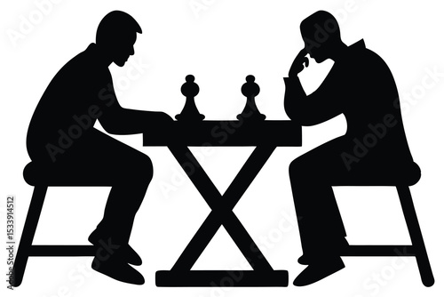 Two Men Playing Chess Silhouette on Rustic Table With Pawns Visible