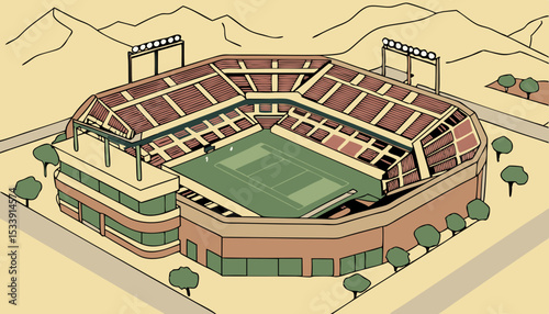 Aerial view of the stadium and hardcourts of the Indian Wells Tennis Garden where the BNP Paribas Open tennis tournament is played annually during March in California.                   