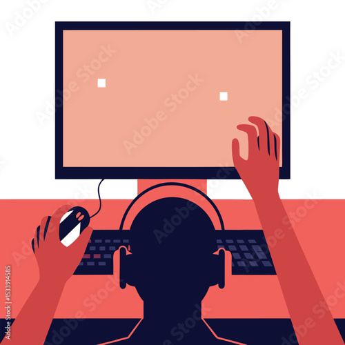 Retro gaming silhouette person playing arcade game nostalgic minimalist illustration
