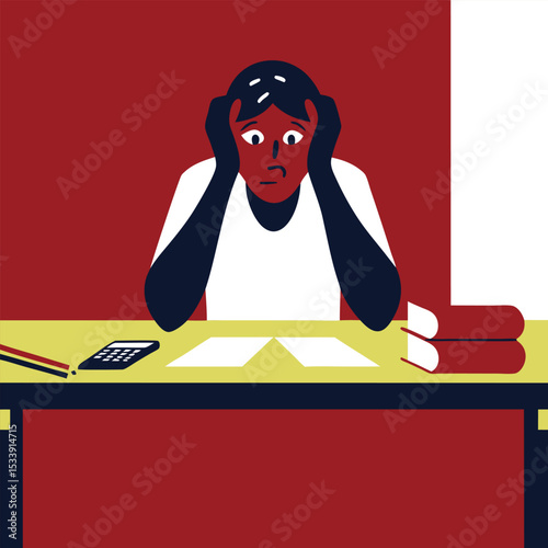 Stressed student at desk with books and calculator overwhelmed with work