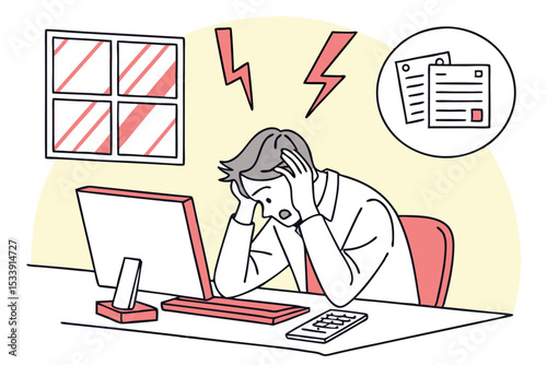 Stressed businessman with overload headache looking at computer screen in office