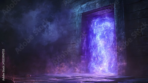 Forgotten temple with arcane portal emitting glowing blue and purple magical energy carved into ancient stone glowing effect