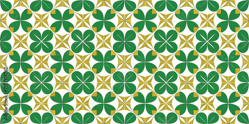 Colorful green and gold abstract pattern with clovers and geometric shapes.