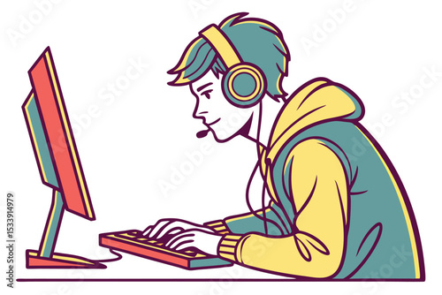 Young man wearing headphones plays video game on retro computer vector art