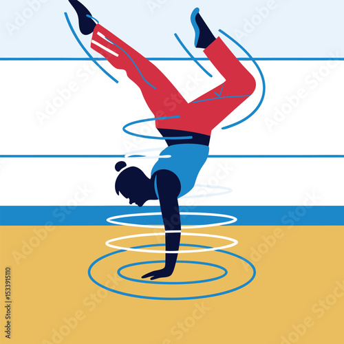 Athletic woman performing handstand gymnastics with motion effect minimalist vector design