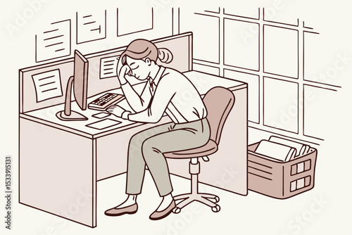 Burnout syndrome illustration woman at office desk overwhelmed with work