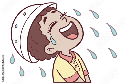 Crying child with hat cartoon character experiencing sadness in the rain