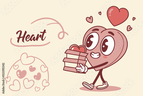 Cute cartoon heart character with present giving gift on valentines day