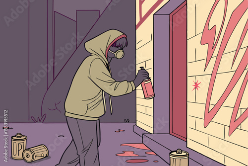 Graffiti artist spraying urban wall with artistic design vector illustration scene