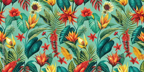 Vibrant tropical floral pattern with colorful leaves and exotic flowers.