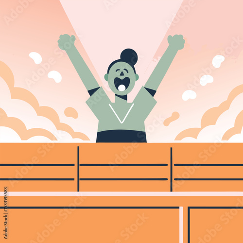 Happy woman celebrating success on tennis court flat vector illustration