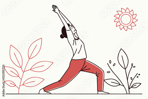 Minimalist illustration of woman in warrior one pose with floral elements
