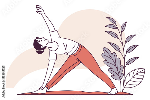 Minimalist illustration of woman practicing triangle yoga pose with botanical elements