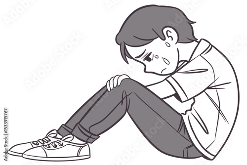 Monochromatic illustration of a depressed young man sitting and crying