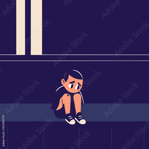 Sad boy sitting alone cartoon character illustration loneliness and depression theme
