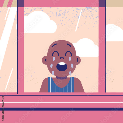 Upset child looking out the window on a cloudy day illustration