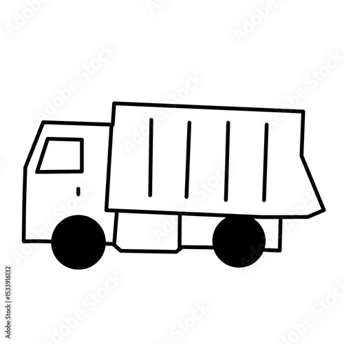 Black and white cartoon dump truck illustration with simple lines and bold shapes. Perfect for children’s coloring pages, educational tools, or construction-themed icons and learning visuals.
