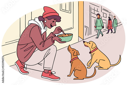 Woman feeds dogs on street vector illustration with pedestrians background