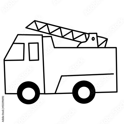 Black and white line art of a fire truck with a ladder on top. Suitable for kids' coloring pages, firefighter-themed educational content, and emergency vehicle icon sets.