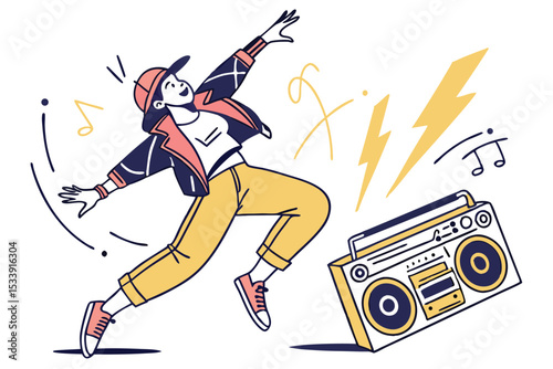 Young woman dancing to music from a boombox in a lively illustration