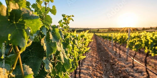 young vineyard with new growth appearing on thin stakes, soil still freshly turned, morning sun illuminating the tips of leaves, linear perspective leads viewerâ€™s eye to a clean sky-to-horizon