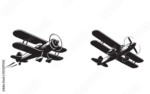 Classic Biplane Silhouette Vector Set for Retro Aviation Designs. Vintage Aircraft Propeller Plane Illustration Bundle for T-Shirts and Posters. military classic aircraft.