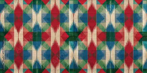Vibrant geometric pattern in red, green, and blue hues.