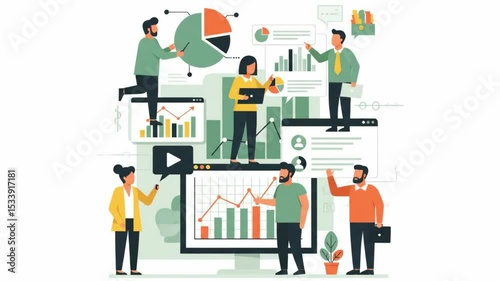 A business team collaborates on data analysis, working with charts, corporate Memphis and flat design.