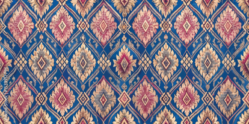 Intricate blue and gold floral pattern with diamond shapes and vibrant colors.