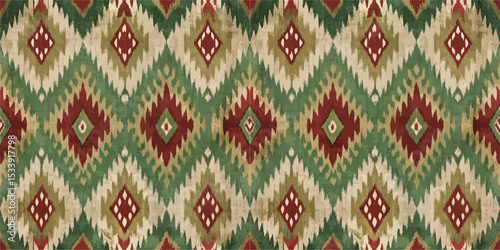 Vibrant geometric pattern with earthy tones, showcasing intricate diamond shapes.