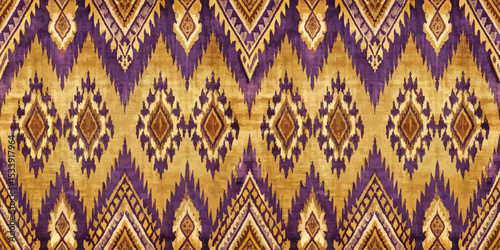 Vibrant purple and gold patterned textile featuring intricate geometric designs.