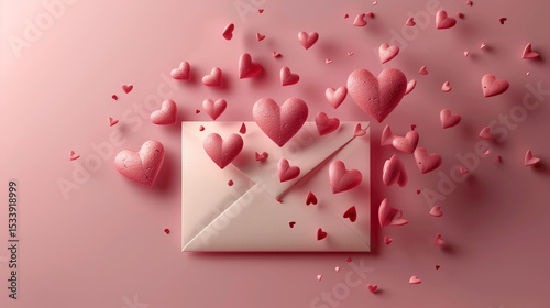 white envelope with 3D paper hearts in shades of red, pink, and cream popping out, placed on soft pastel pink background, Valentine’s Day theme,