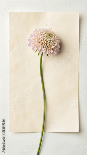 Delicate pink scabiosa flower on creamy paper background aesthetic studio shot