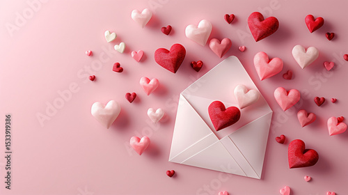 white envelope with 3D paper hearts in shades of red, pink, and cream popping out, placed on soft pastel pink background, Valentine’s Day theme,