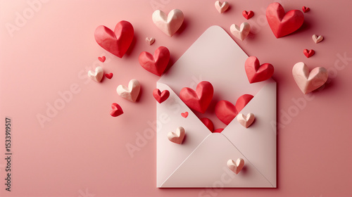 white envelope with 3D paper hearts in shades of red, pink, and cream popping out, placed on soft pastel pink background, Valentine’s Day theme,