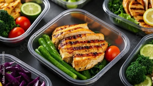 Healthy meal prep containers with grilled chicken and diverse fresh food options in convenient takeaway boxes for nutritious on-the-go meals video download