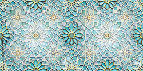 Intricate turquoise and gold floral mosaic pattern.