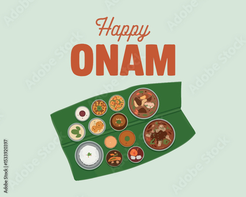 Happy Onam Feast Illustration with Traditional Kerala Sadya on Banana Leaf